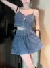 Work Dresses Summer Bule Y2k Two Piece Set Women Korean Fashion Party Denim Shorts Female Button Vintage Tops Casual Suit 2023