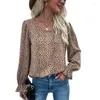 Frauen Blusen Vintage Casual Pendler Lange Ausgestellte Ärmel Schlank Rundhals Leopard Print Blau Hemd Tops Frauen 2023