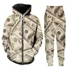 Laat nieuwe mannen uit dames geldpatroon dollars grappige 3D print mode -tracksuits broek broek lange mouwen ritsje hoodie casual sportswear271u