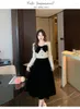 Work Dresses Spring 2 Pieces Set Elegant Women Temperament Formal Casual Square Collar Bow Cropped Tops Black Velvet A Line Midi Skirt Suits