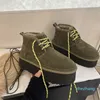 2023 Neumel Heritage Platform Suède Laarzen Voor Dames Enkel Veters Burnt Olive Kastanje Zwart Shearling Dikke Bodem 5 Cm Pluizige Sherpa Fleece Bottes