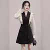 Casual Kleider Zeeromer 2023 Herbst Koreanische Mode Patchwork Büro Blazer Kleid Frauen Anzug Kragen Zweireiher Gürtel Rüschen Mini Party