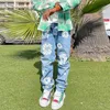 Celebrity Matching Autumn and Winter Ins Pocket Wash Pants Printed Loose Fitting Straight Jeans for Men