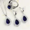 Bague Ringen Water Drop Shaped Sapphire Silver 925 Jewelry Sets for Women Blue Gemstones Ring Earrings Necklace Bracelet Wedding M274L