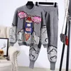 Women's Two Piece Pants Manual Pearl Beaded Sequins Women Black Gray Knitted Tracksuit Outfits O Neck Knit Sweater Trousers 2pc Sets Loose