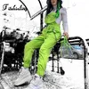 Fitshinling fluorescens Neon Green Jumpsuits Women Summer Chain Cargo PlaySuit Fashion Slim Cotton Buckle Long Jumpsuit Female Y2268Q