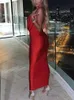 Robe de soirée en Satin pour femmes, col en V, Slim, rouge, col licou, dos nu, Sexy, Clubwear, moulante, Maxi