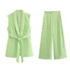 Women's Two Piece Pants Summer Women Set Solid Tops Sleeveless V-neck With Belt And High Waist Wide Leg