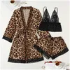 Sexy pijamas mulheres pijamas leopardo impressão gelo conjunto laço divertido charme confortável casa roupas três peças 211202 gota entrega vestuário un dhau0