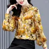 Women's Blouses Spring Autumn Stand Collar Blouse Vintage Printed Clothing Spliced Long Sleeve Fashion Folds Pearl Beading Loose Shirt