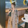 Women's Trench Coats Vintage Light Brown Plaid Color Contrast Women Long Trench With Belt Autumn Korean Double Breasted Casual Windbreaker Coat 4XL 231030