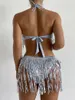 Kobiety stroja kąpielowa błyszcząca brokat bikini zestaw kobiet seksowna bandeau push up tassel cekin kostium kąpielowy 2023 Panie na plażę Kąpiec Kąpiec wysoka talia