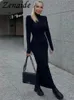 Basic Casual Dresses Zenaide Shoulder Pad Long Sleeve Dress Black Fashion Solid Autumn Women Turtleneck Bodycon Sexy Maxi 231031