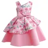 Vestidos de niña Vestido para niñas 2024 Falda para niños con estampado de flores rosas Vestido de princesa con hombros oblicuos Ropa