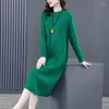 Casual Dresses Chinese Button Sweater Knitting Dress Autumn Winter Women Fashion Long Sleeve Wild Medium Length Bottomed Elegant Top T897