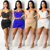 Vestidos de trabalho Sexy 2 conjuntos de duas peças Bling Diamonds Sheer Malha Crop Tops e Ruched Bodycon Mini Saias Club Outfits Mulheres Roupas de Verão