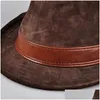 Wide Brim Hats Bucket Winter Genuine Leather Top For Menwomen British Gentlemen Stetson Fedoras 5560Cm Fitted Brown Gorra Male 231 Otnhd