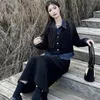 Tvådelad klänning Autumn Short Coat kjol kostym Black Women's Slim Korean Fashion Long Sleeve Y2K och hög midja A-linje