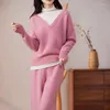 Women's Two Piece Pants 2023 Wool Set Long Sleeve Knitted High Neck Pullover Sweater Loose Comfortable Wide Leg Cashmere