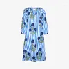 Casual Dresses Loose Floral Women's Dress Stripe Long Sleeve V-neck Printted Maxi Female 2023 Autumn Fashion Eleagnt Ladies Robe