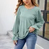 Damenblusen, lässig, Rundhalsausschnitt, einfarbig, Damen-T-Shirts, Tops für Leggings, Rüschen, gesmokt, langärmelig, Baumwolle, Blusas