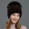 Chapeau en vraie fourrure de vison pour femmes, bonnet tricoté, bonnet de Ski chaud en plein air, chapeau de crâne avec pompon boule de renard