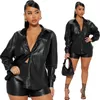 Women's Tracksuits Black Faux Leather Two Piece Set Women Button Up Cardigan Tops And Shorts High Waist Sexy Night Club Party Outfits