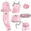 Różowy piżama jedwabna satyna satyna femme Pajama zestaw 7 sztuk ściegu szlafroki piżamowe piżamie kobiety pnów pjs 2009192330
