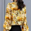 Women's Blouses Spring Autumn Stand Collar Blouse Vintage Printed Clothing Spliced Long Sleeve Fashion Folds Pearl Beading Loose Shirt