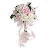 Flores decorativas buquês de casamento para noiva dama de honra rosa artificial flor festa decoração fita de seda