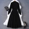 2023 Autumn winter Stand Collar Long Sleeve A-Line Black Pure Color Knitted Mid-Calf Dress Daily Casual Dresses