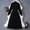 2023 Autumn winter Stand Collar Long Sleeve A-Line Black Pure Color Knitted Mid-Calf Dress Daily Casual Dresses