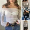 Camicette da donna T-shirt da donna T-shirt trasparente elastica con spalle scoperte