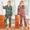 Summer Women Pyjamas Set med byxor Silk Pijama Satin Pyjama Flower Print Nightwear 2 Piece Set Long Sleeve Sleepwear Y200425237Q