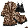 Sexy pijamas mulheres pijamas leopardo impressão gelo conjunto laço divertido charme confortável casa roupas três peças 211202 gota entrega vestuário un dhau0