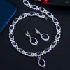 Dingle örhängen kungblå cz blad oval halsband huggie smycken set för brudar bröllop