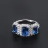 Jóias de luxo 925 prata esterlina três pedra azul safira cz diamante tanzanite feminino festa casamento noivado anel banda para lov303d