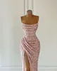 Sexy Pink Mermaid Evening Dresses Sequins Strapless Party Prom Sweep Train Pleats Long Dress for special ocn