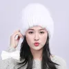 Women's Real Mink Fur Hat Knitted Cap Beanie Winter Warm Outdoor Skull Hat W Fox Ball Pompom