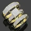 Presente do dia de páscoa 3 peças joias da moda feminina 18k banhado a ouro cobre zircão casamento casais anel tamanho 5-11 #1278l