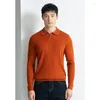 Herrtröjor får ullpolos 2023 Autumn Casual Solid Long Sleeve Knitwear Man Slå ner krage Pure Worsted tröja Skjortor