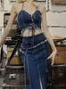 Arbeitskleider 2023 Sommer koreanische Mode Outfits Sexy Vintage Denim Party Anzüge Stil Frauen Casual ärmellose Y2k Crop Tops Mini Skrits