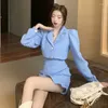Work Dresses Thin Two-Piece Sets Spring Autumn Long-Sleeved Shirt A-Line Skirt Female Blue White Suits