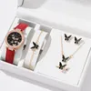 Relojes de pulsera Juego de 6/1 Uds. Reloj para mujer, anillo, collar, pendientes, pulsera, relojes, correa de cuero de mariposa, reloj de pulsera de cuarzo para mujer (sin caja)