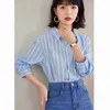Kvinnors blusar damer koreanska mode casual stripe skjortor blus kvinnor toppar kvinna knapp upp skjorta kvinnliga flickor långärmad pya2043
