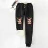 Pantalones para mujer Mujeres Navidad Impresión Otoño Invierno Terciopelo Bolsillos cálidos Cintura elástica Lazo Pierna Deportes Cordón casual para