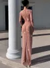 Mesh Perm Bodycon Dress for Women Perspective Long Sleeve Slit Maxi Dresses Ladies Club Vacation Wind Robe Femmes