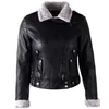 Women's Fur 2023 Autumn And Winter Black Integrated Leather Coat For Slim Fit Warm Jacket Motorcycle
