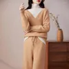 Women's Two Piece Pants 2023 Wool Set Long Sleeve Knitted High Neck Pullover Sweater Loose Comfortable Wide Leg Cashmere