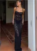 Lace See through Maxi Sheer Black Slit Bodycon Slim Dresses Elegant Solid Zipper Backless Sexy Dress for Women